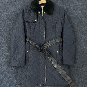 Cole Haan Signature Coat Womens Medium Navy Quilted Belted Faux Fur Collar Warm